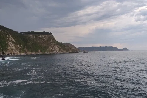 Acantilados verdes de la costa de Asturias con el mar Cantábrico en un día nublado