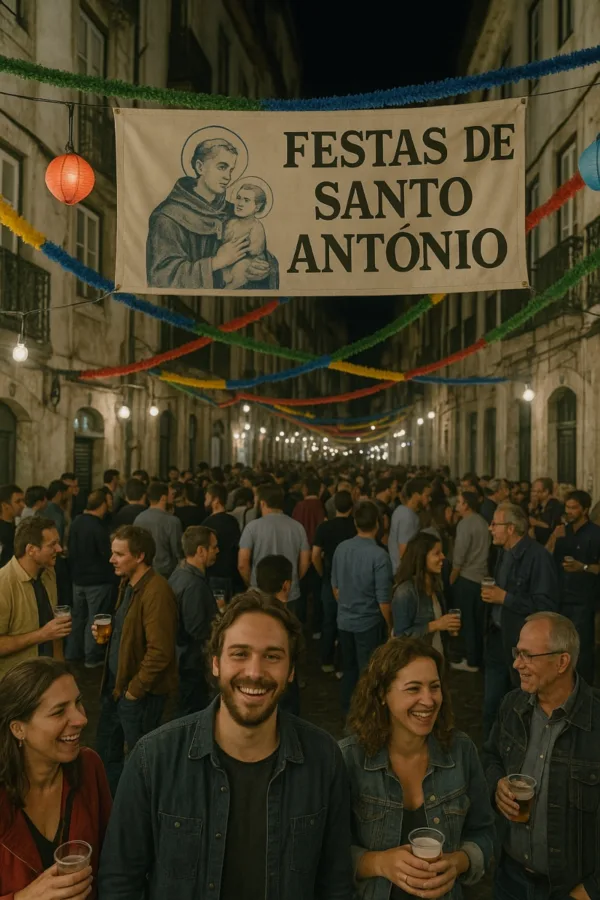 Celebración de las Festas de Santo António en Lisboa, con calles decoradas con farolillos de colores, música, sardinas asadas y ambiente festivo en el barrio de Alfama.