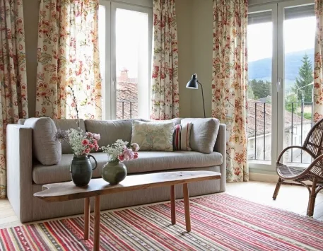 Salón luminoso de una suite del Hotel Artesa Suites & Spa, con sofá, vistas al pueblo y decoración rústico-elegante