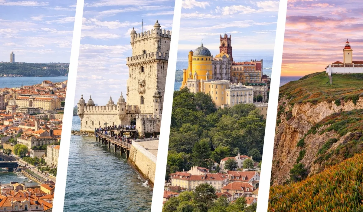 Distrito de Lisboa con vistas del centro histórico de Lisboa, la Torre de Belém junto al río Tajo, el Palacio da Pena en Sintra y los acantilados de Cabo da Roca al atardecer