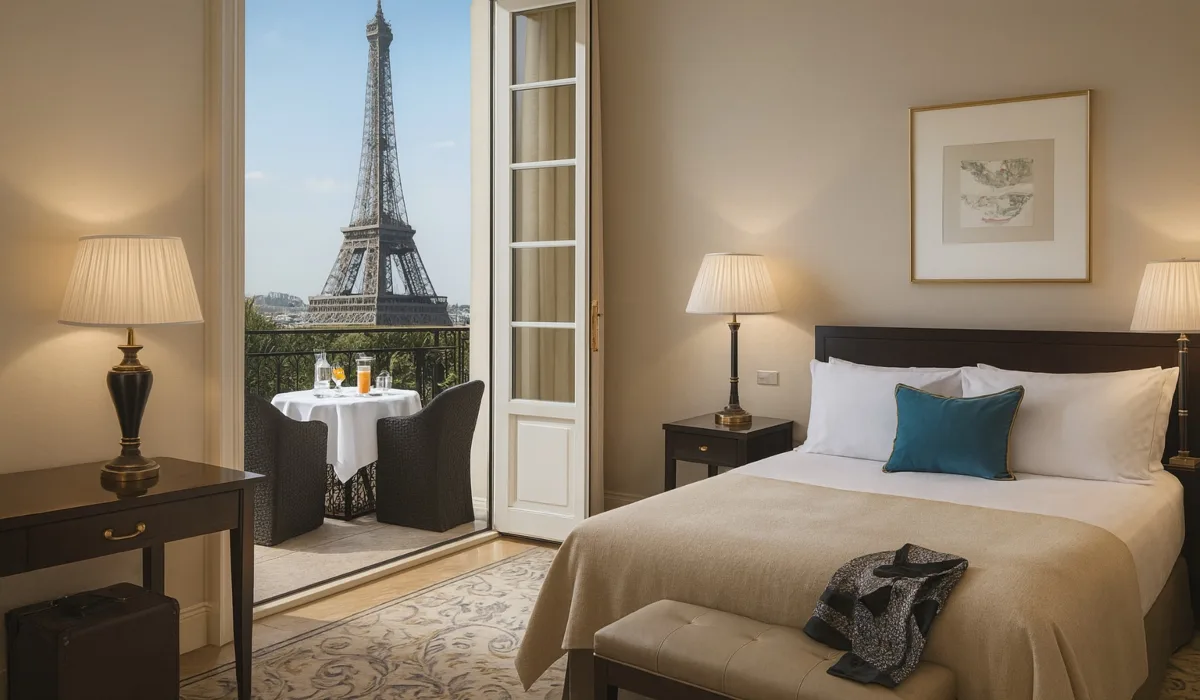 Habitación de hotel en París con vistas a la Torre Eiffel, opción ideal para dormir en París en una zona céntrica y romántica.