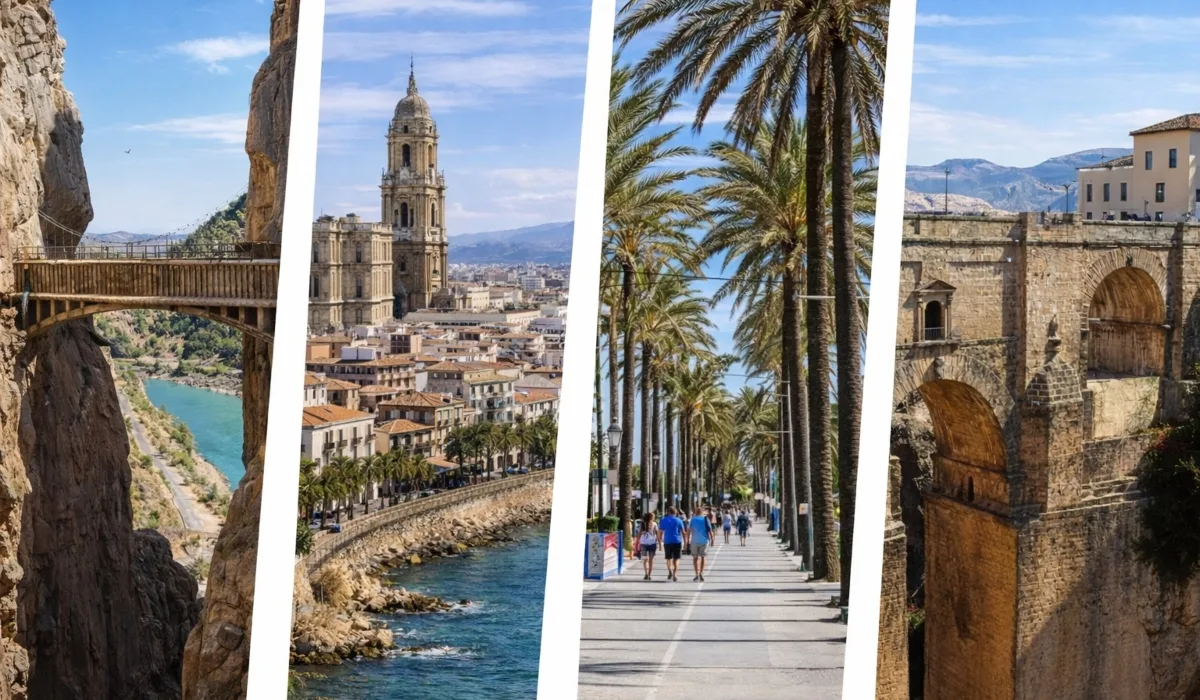 Provincia de Málaga con el Caminito del Rey, la catedral, el paseo marítimo con palmeras y el Puente Nuevo de Ronda.