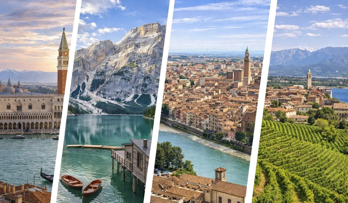 Collage de la región del Véneto con Venecia y el Palacio Ducal, lago alpino de las Dolomitas, casco histórico de Verona junto al río Adigio y viñedos de Prosecco en las colinas venecianas.