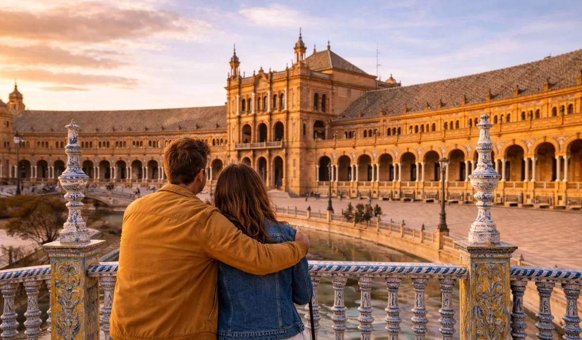 Dos viajeros contemplando la Plaza de España de Sevilla desde una barandilla de azulejos, con el canal y la arquitectura monumental al fondo, Andalucía.