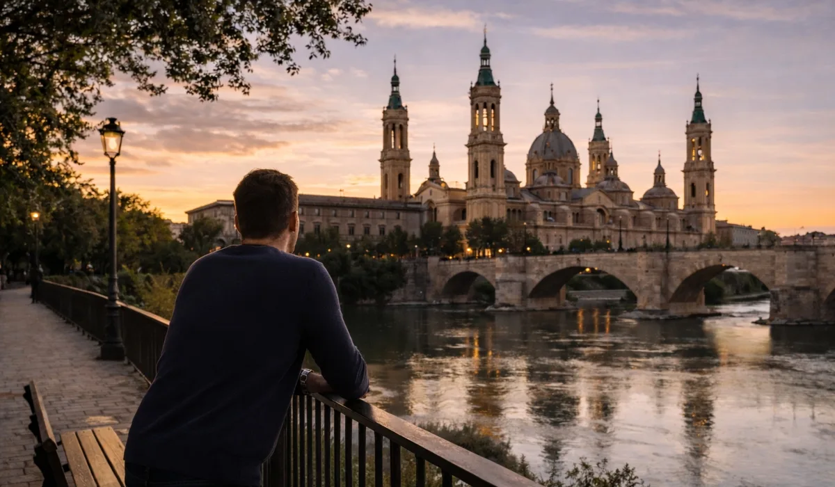 junto al río Ebro con la Basílica del Pilar de Zaragoza al fondo, Aragón.