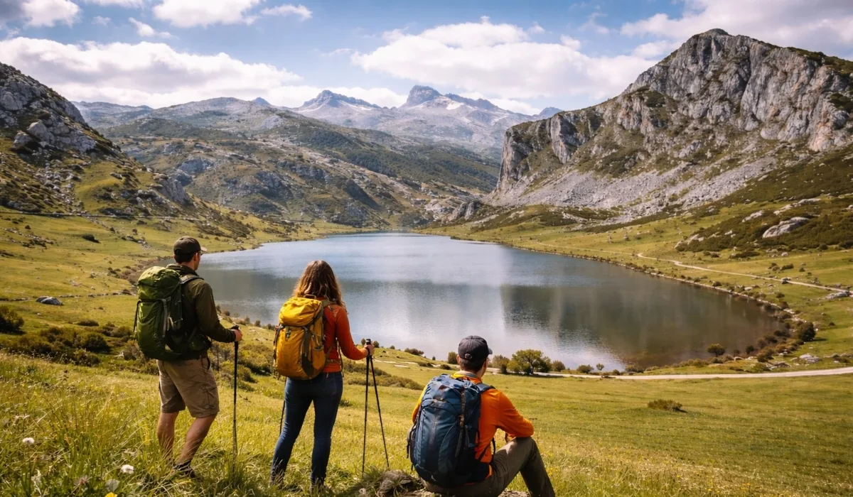 Pareja sentada en la hierba contemplando los Lagos de Covadonga con las montañas de los Picos de Europa al fondo, Asturias.