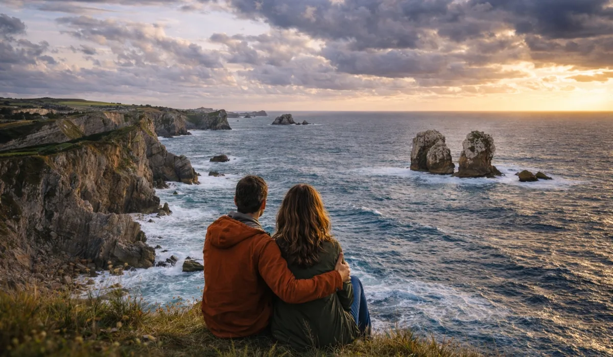 Pareja sentada en un acantilado contemplando la Costa Quebrada en Liencres al atardecer, con el mar Cantábrico y formaciones rocosas al fondo, Cantabria