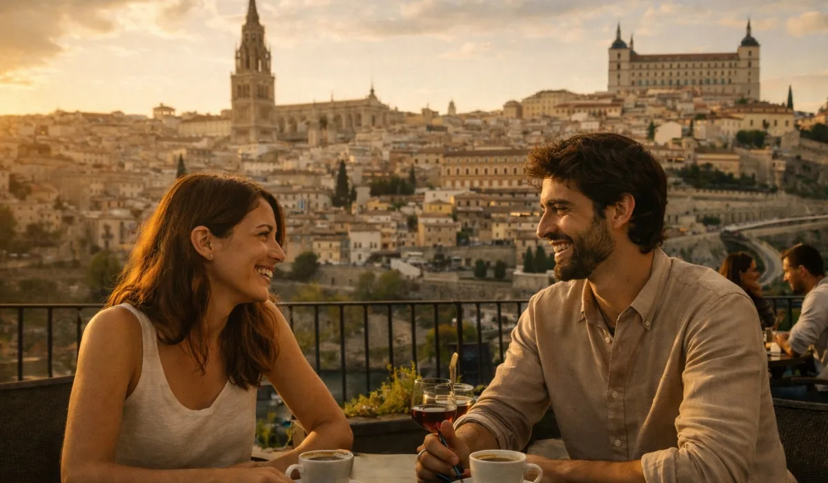Pareja tomando café en una terraza con vistas panorámicas a Toledo al atardecer, con la Catedral de Toledo y el Alcázar al fondo, Castilla-La Mancha