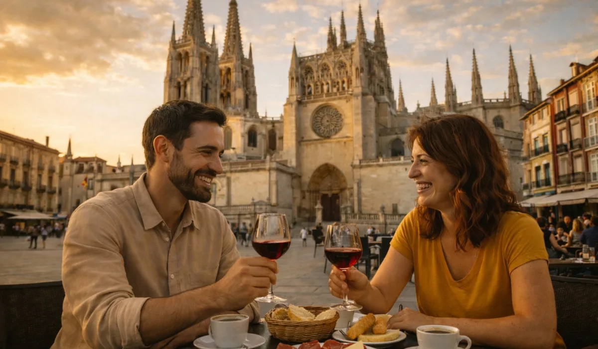 Pareja tomando el aperitivo típico de Castilla y León en una terraza de la Plaza de la Catedral de Burgos, con la Catedral gótica al fondo.