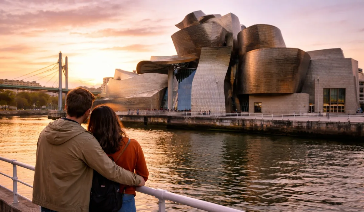 Pareja contemplando el Museo Guggenheim de Bilbao al atardecer desde la orilla del río Nervión, con la arquitectura vanguardista y el reflejo del agua al fondo, País Vasco.