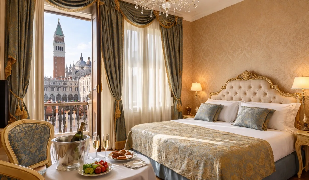 Habitación de hotel de lujo en Venecia con balcón y vistas al Campanile de San Marcos, decorada con estilo clásico veneciano