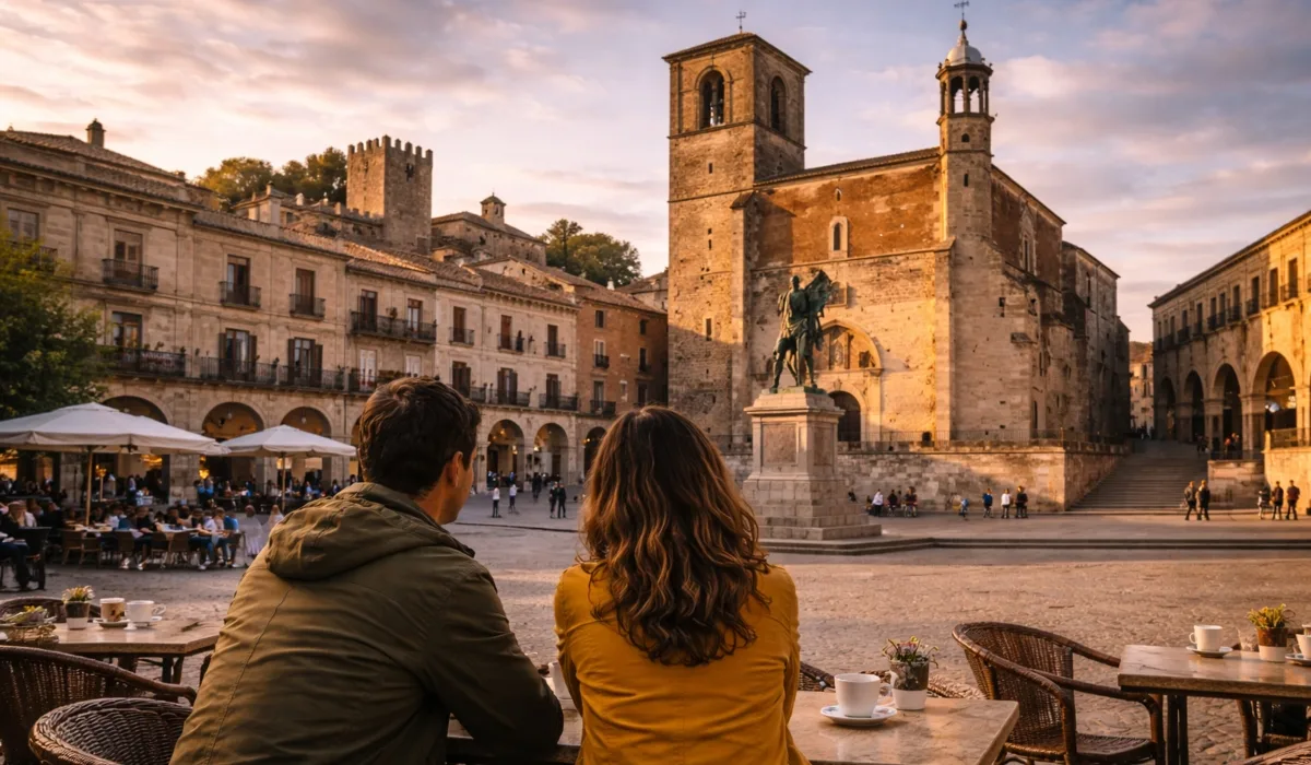 Pareja tomando café en una terraza de la Plaza Mayor de Trujillo al atardecer, con la estatua de Pizarro y la iglesia de San Martín al fondo, Extremadura.