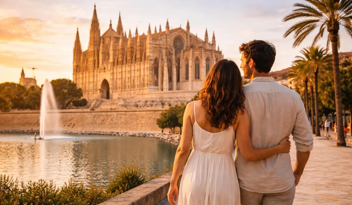 Pareja paseando por el paseo marítimo de Palma de Mallorca con la Catedral de Palma al fondo al atardecer, Islas Baleares.