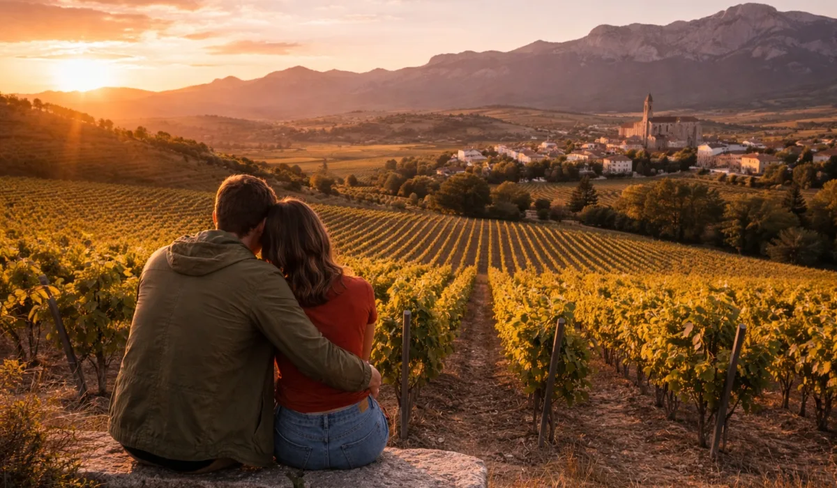Pareja contemplando los viñedos de La Rioja al atardecer, con paisaje de bodegas y campos de vid.