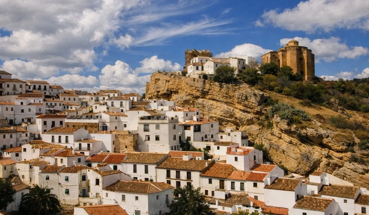 Vista panorámica de Setenil de las Bodegas con casas blancas encajadas en la roca, fortaleza en lo alto y cielo con nubes sobre el pueblo en la provincia de Cádiz.