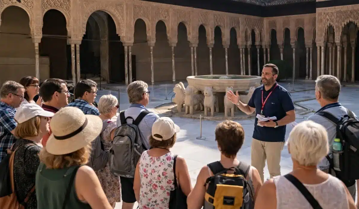 Grupo de turistas con guía profesional en el Patio de los Leones de la Alhambra, una de las actividades imprescindibles en Granada