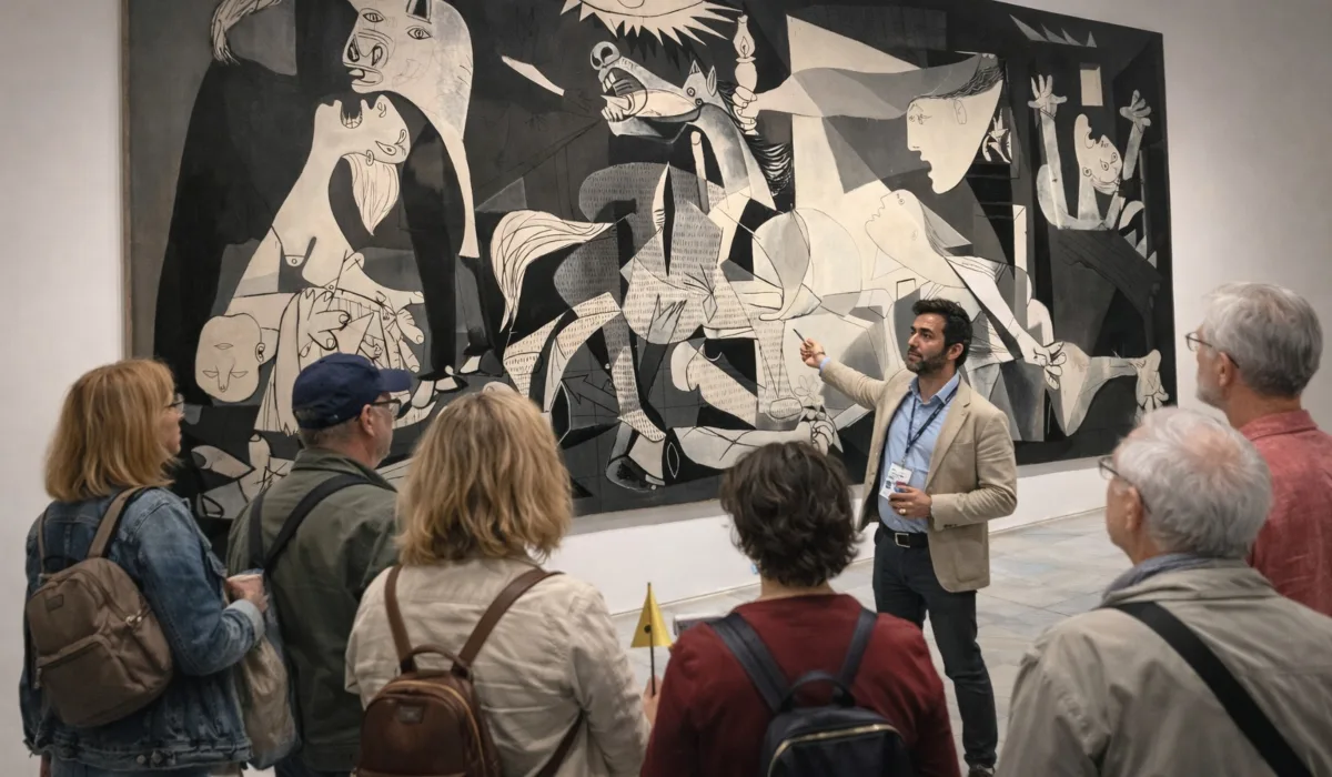 Turistas atendiendo a un guía ante el Guernica en una actividad cultural en Madrid