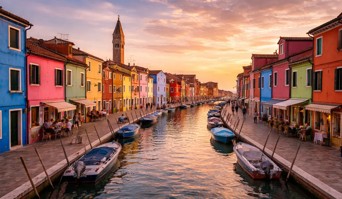 Canal de Burano con casas de colores vivos, barcas amarradas y campanario al atardecer