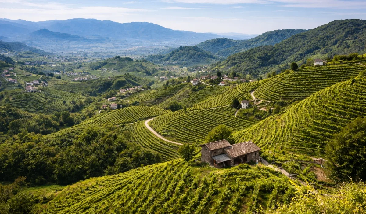 Colinas del Prosecco con viñedos en terrazas, caminos entre las laderas y casas rurales bajo cielo azul despejado