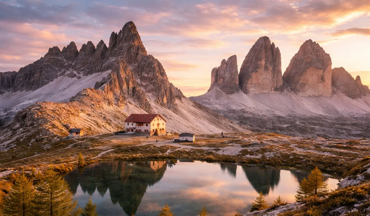 Paisaje panorámico de los Dolomitas con praderas alpinas, cabañas de madera, lago de montaña y picos rocosos bajo cielo azul