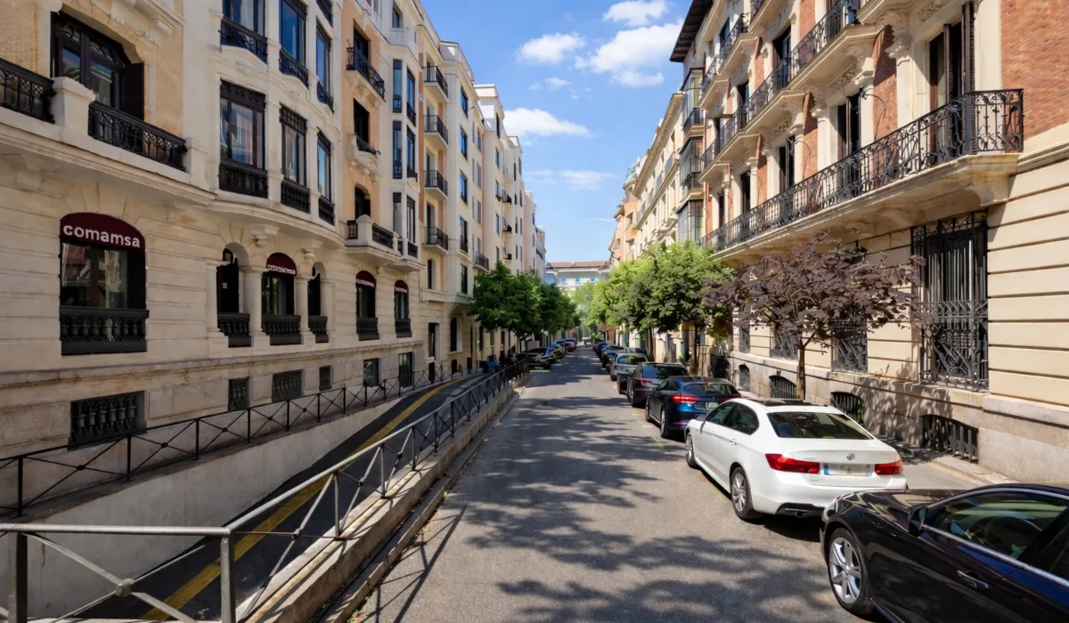 Calle tranquila del Barrio de Salamanca en Madrid, zona recomendada para alojarse