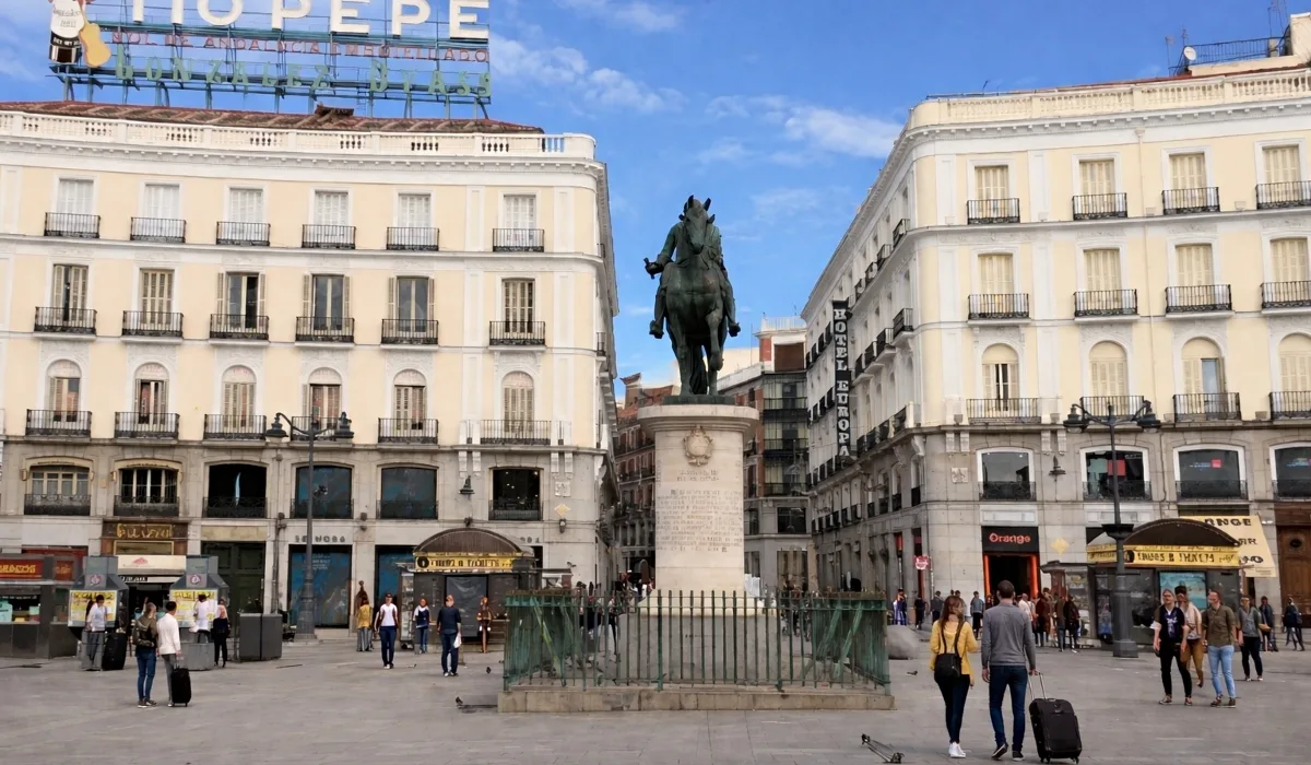 Puerta del Sol en el centro de Madrid con la estatua de Carlos III y edificios históricos alrededor