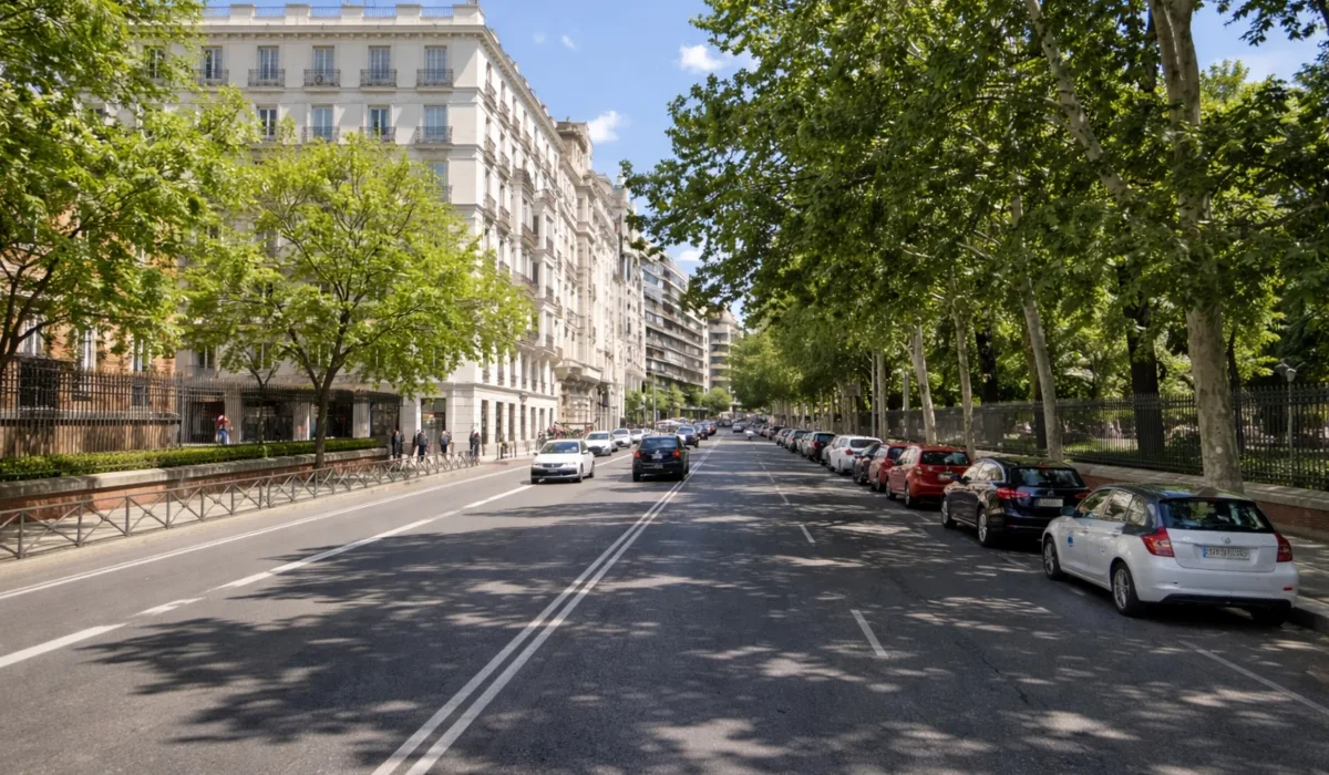 Calle amplia y tranquila junto al Parque del Retiro en Madrid, zona recomendada para alojarse