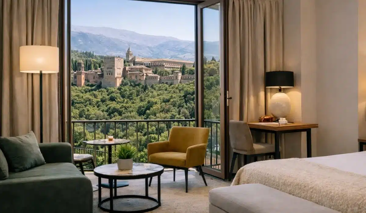 Habitación de hotel en Granada con balcón y vistas a la Alhambra, ejemplo de alojamiento con encanto para dormir en la ciudad