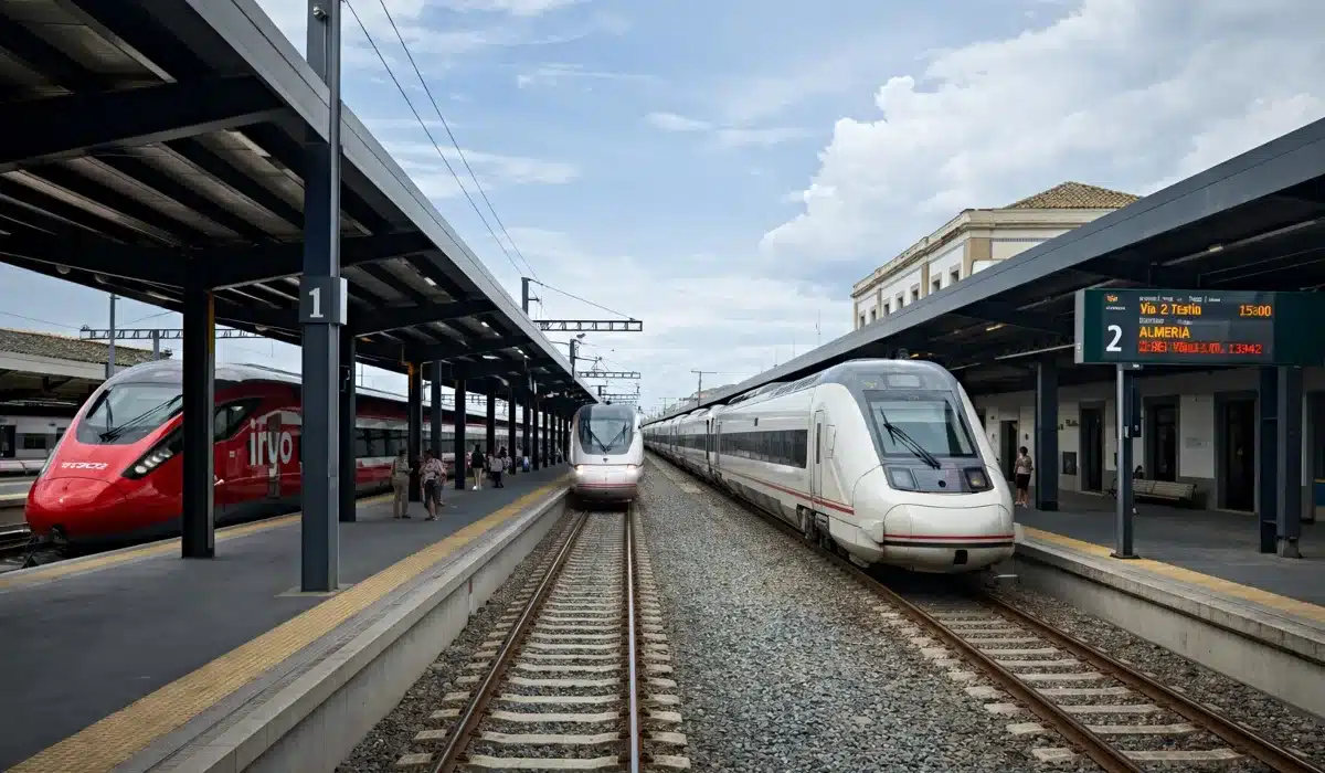 Trenes AVE e iryo en la estación de tren de Granada con andenes y panel de salidas, principal conexión ferroviaria de transporte en la ciudad