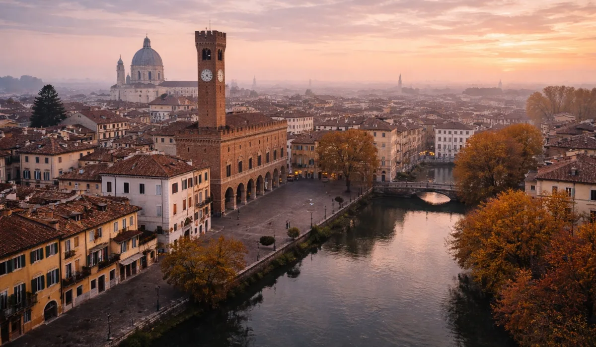 Vista panorámica de Treviso con canal, edificios históricos y torre medieval al amanecer