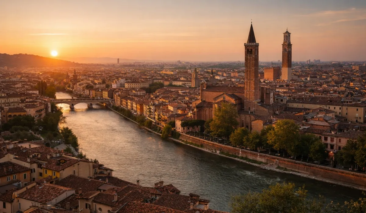 Vista panorámica de Verona al atardecer con el río Adige, puentes históricos y torres medievales entre tejados de terracota