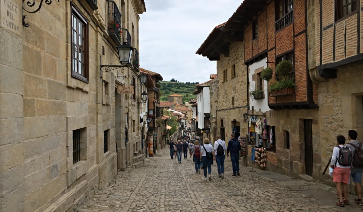 Calle del Cantón en Santillana del Mar Cantabria con calle empedrada, casas tradicionales y vistas al entorno rural