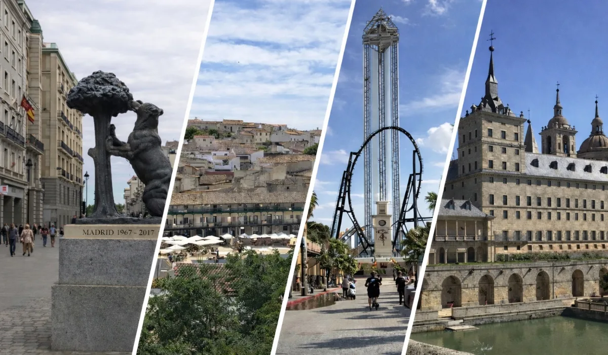 Comunidad de Madrid con el Palacio Real, Puerta del Sol, campos de la sierra madrileña y el castillo de Manzanares el Real, mostrando patrimonio, naturaleza y vida urbana