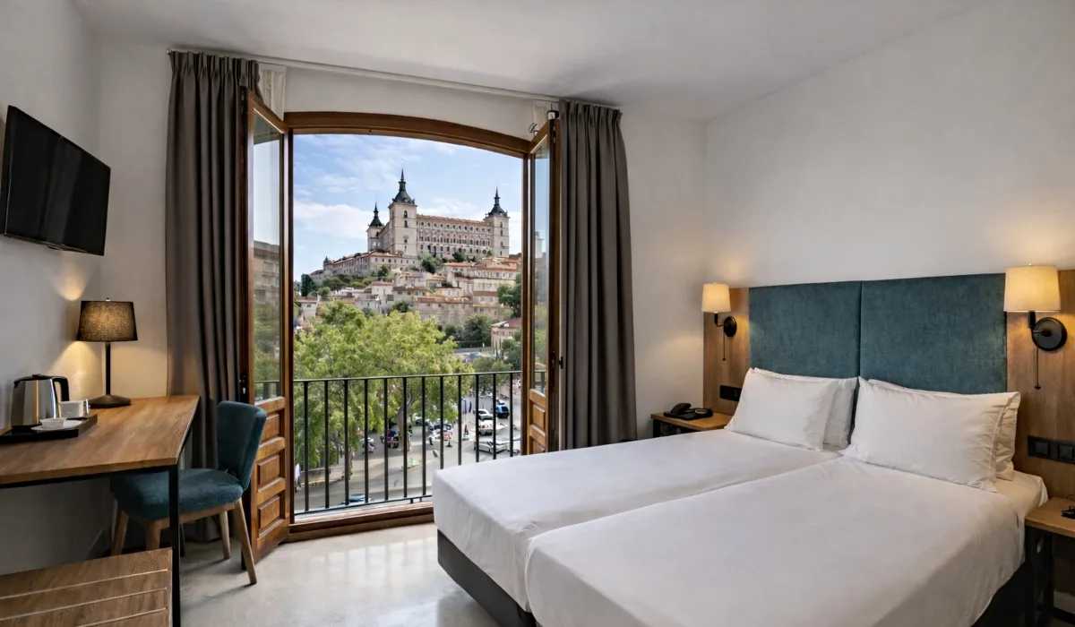 Habitación de hotel en Toledo con balcón y vistas al Alcázar de Toledo desde el casco histórico