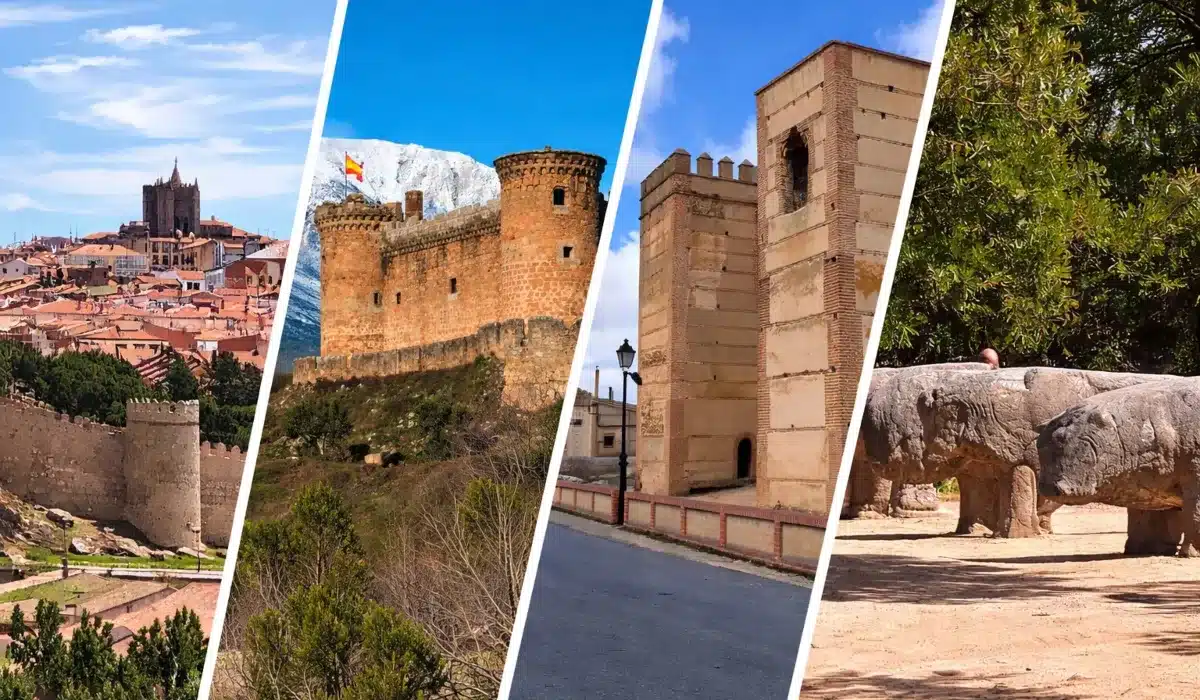 Composición de la provincia de Ávila con el castillo de Mombeltrán, las murallas medievales de Ávila, un arroyo en la Sierra de Gredos y las esculturas de los Toros de Guisando en primer plano