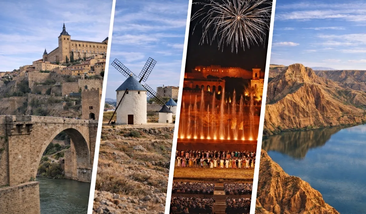 Collage de la provincia de Toledo con el puente de San Martín y el Alcázar de Toledo, molinos de viento de Consuegra, espectáculo nocturno de Puy du Fou España y las Barrancas de Burujón.