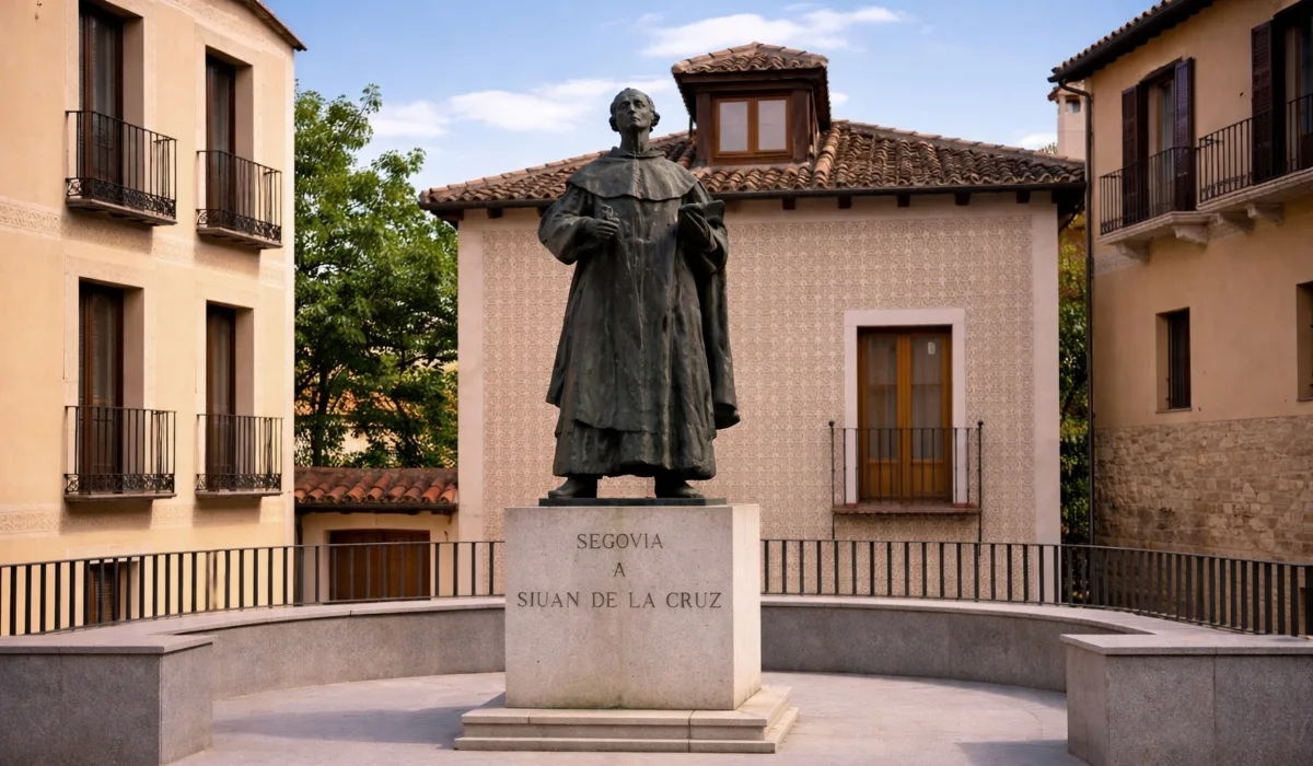 Estatua de San Juan de la Cruz en Segovia, sobre pedestal de granito con inscripción, en una pequeña plaza rodeada de casas tradicionales, con la figura mirando ligeramente hacia arriba