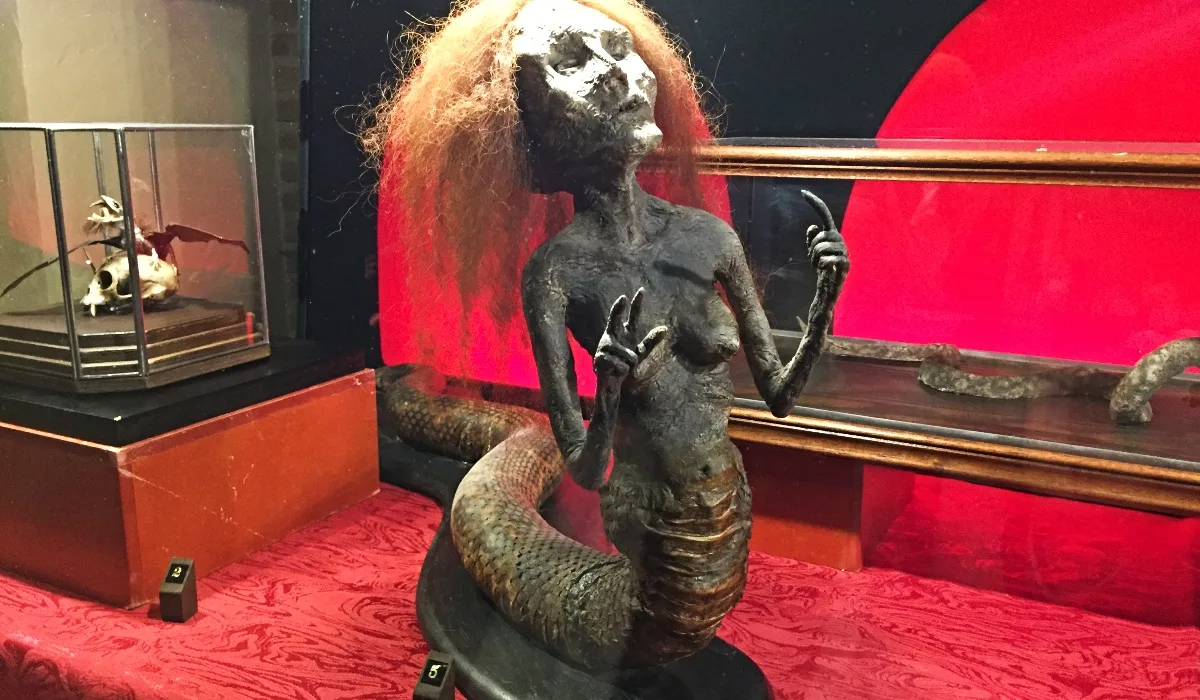 Escultura de criatura demoníaca mitad mujer mitad serpiente en la exposición del Museo de la Brujería de Toledo