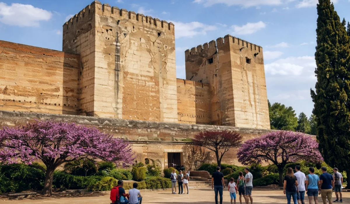 Acceso a la Alcazaba de la Alhambra de Granada con jardines y murallas defensivas