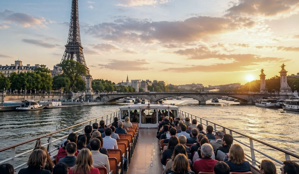 Crucero turístico navegando por el río Sena en París con pasajeros a bordo, vistas a la Torre Eiffel y puente sobre el río en un día despejado