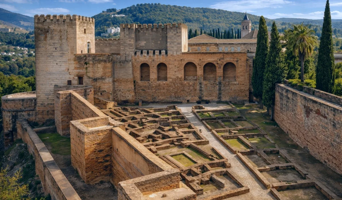 Vista de la Alcazaba de la Alhambra de Granada con restos arqueológicos y murallas históricas
