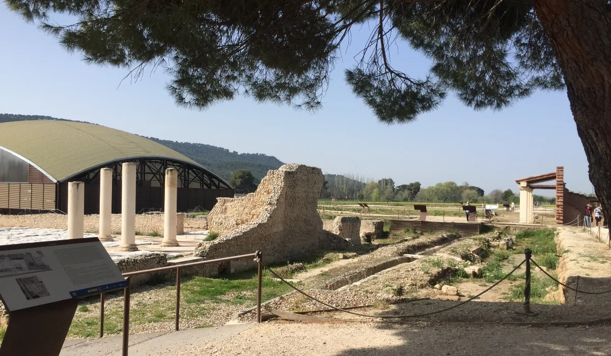 Restos arqueológicos de la ciudad romana de Complutum en Alcalá de Henares, con columnas y estructuras conservadas del antiguo asentamiento romano.