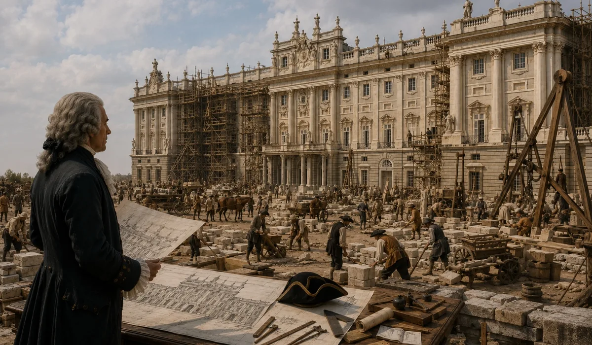 Recreación realista de Filippo Juvarra observando la construcción del Palacio Real de Madrid rodeado de obreros, andamios y planos arquitectónicos