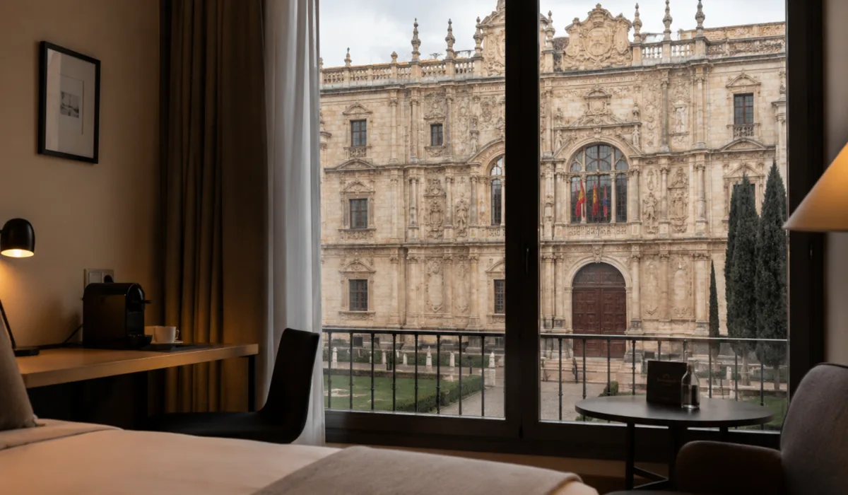Habitación de hotel en Alcalá de Henares con vistas al Colegio Mayor de San Ildefonso.