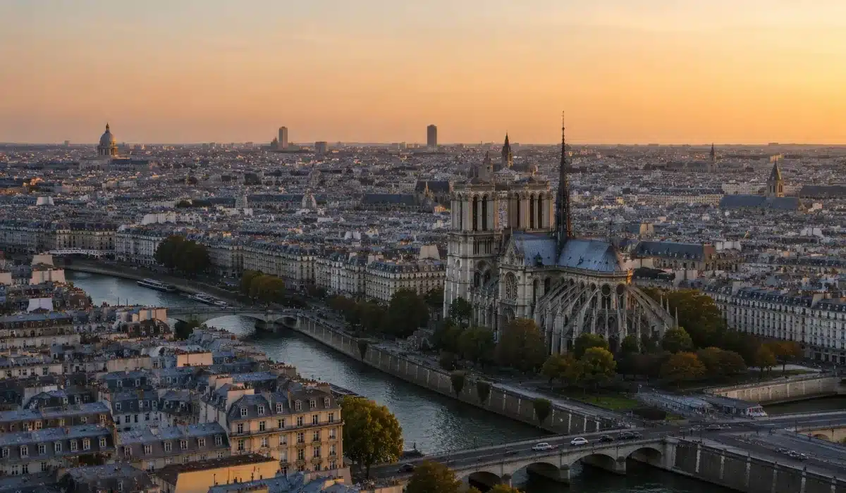 La historia de París: Vista panorámica de Notre-Dame y el Sena al atardecer, con los tejados históricos de París iluminados por la luz dorada de la ciudad.