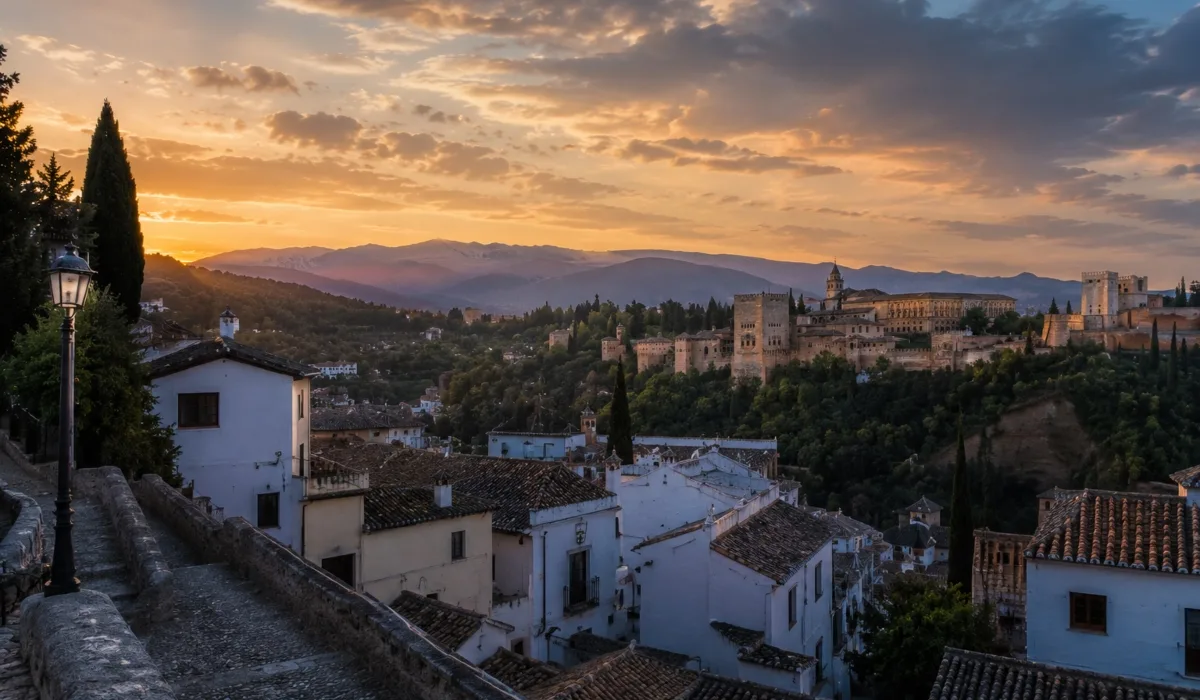 La historia de Granada: Vista panorámica de Granada al atardecer con la Alhambra y el Albaicín, reflejando la historia andalusí de la ciudad.