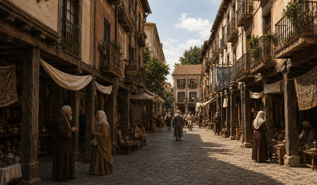 Recreación de la antigua judería de Alcalá de Henares en la Calle Mayor durante la Edad Media, con comerciantes, soportales y ambiente histórico