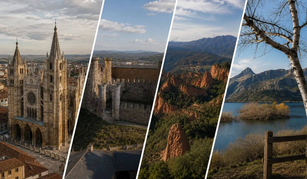 Provincia de León con la Catedral de León, el Castillo de Ponferrada, Las Médulas y el embalse de Riaño en collage panorámico turístico realista