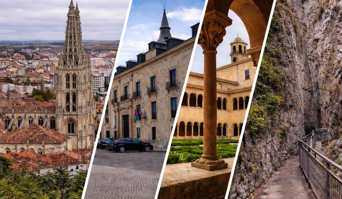 Collage panorámico con la Catedral de Burgos, el claustro del Monasterio de Santo Domingo de Silos y el desfiladero de La Yecla en la provincia de Burgos