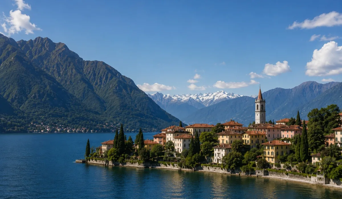 Vista panorámica de un pueblo a orillas del lago de Como, rodeado de montañas alpinas y casas tradicionales en Lombardía, Italia.